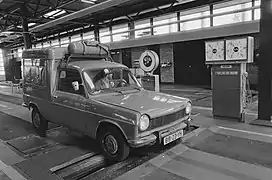 16 juillet 1985, une Talbot 1100 fourgonnette au banc de test.