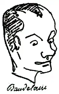 dessin au trait simplifié d'une tête, signé Baudelaire