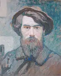 Photographie d'un tableau en couleur représentant le visage d'un homme, vu de face, portant une barbe et coiffé d'un chapeau.
