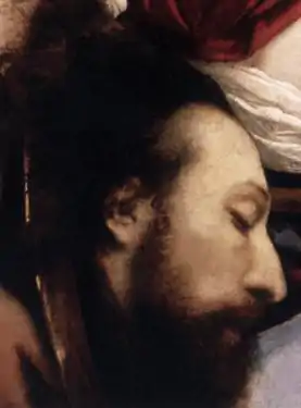 Peinture. Gros plan du profil d’un homme barbu, visage tourné vers la droite.