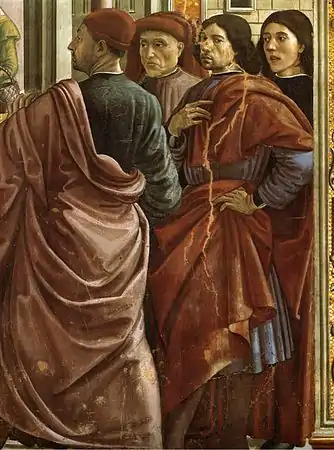 Chapelle Tornabuoni, Expulsion de Joachim (détail), de gauche David Ghirlandaio, Tommaso Bigordi (ou Alesso Baldovinetti), Domenico Ghirlandaio et Sebastiano Mainardi .