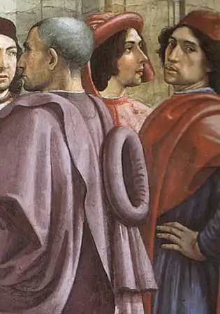 Chapelle Sassetti, Résurrection de l'enfant, de gauche David Ghirlandaio, Sebastiano Mainardi et Domenico Ghirlandaio.