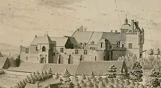 Le château d'Heilly en 1737, côté de l'entrée et du village, avant sa reconstruction. Dessin de Voisin, Bibliothèque municipale d'Abbeville.