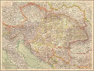 Autriche-Hongrie en 1887 : Autriche en rose, Hongrie en jaune, Bosnie en orange.