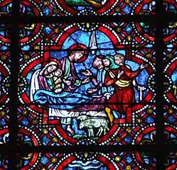 L'adoration des bergers, vitrail de la chapelle de la Vierge (première moitié du XIIIe siècle).