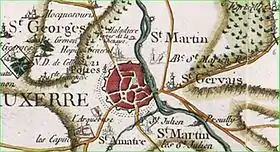 Abbaye Saint-Julien et son église Saint-Martin sur la carte de Cassini, en bordure sud d'Auxerre