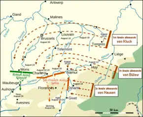 Carte représentant l'avancée allemande en août 1914. La troisième armée de Max von Hausen pointe sur un front entre Givet et Namur, droit sur Dinant.