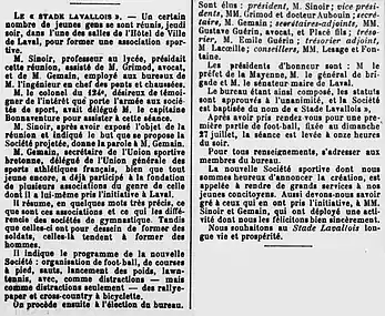 Article de L'Avenir de la Mayenne sur la création du Stade Lavallois, daté du 27 juillet 1902.