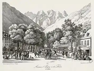 Avenue d'Étigny ou des Bains, à Luchon, lithographie.