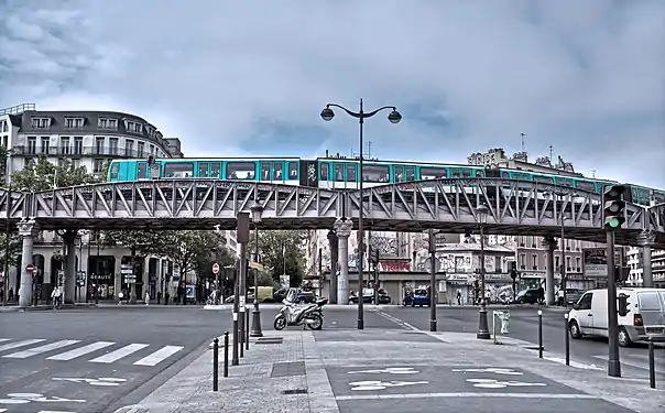 Photographie du viaduc de la partie aérienne de la ligne, avec une rame en circulation, et prise au niveau de la chaussée