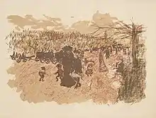 Lithographie figurant des silhouettes de femmes et d'enfants avec quelques véhicules dans un paysage.