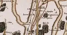 Vallée de l'Arré sur la carte de Cassini à Avrechy et Airion.