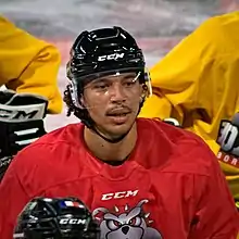 Joueur de hockey sur glace en équipement, regardant devant lui