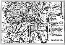 Carte d'Ayutthaya du XVIIe siècle, indiquant les différents quartiers (et le nom des ethnies qui les habitent. Des lettres signalent les lieux intéressant les Européens : le séminaire, situé à l'ouest dans le quartier cochinchinois, porte la lettre G.