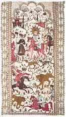 La broderie de soie avec des motifs de chasse datant du XVIIe siècle, Tabriz, Azerbaïdjan