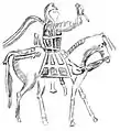 Le roi indo-sace Azes II revêtu de la cataphracte de cavalier cuirassé (croquis d'après une pièce de monnaie du Ier siècle av. J.-C.).