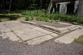 Sol bétonné, des fleurs sont plantées à l'emplacement du treuil.