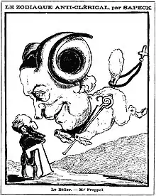 Caricature en noir et blanc représentant, à gauche, Jules Ferry, face à une créature fantasmatique géante.