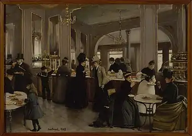 Une peinture représentant des personnes assises autour de tables rondes ou se tenant à un comptoir.