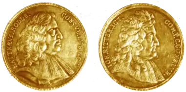 Pièce commémorative en or représentant le précédent Matthäus Rodde (à gauche) et Johannes Ritter (à droite), lequel la fit frapper en 1669 lorsqu'il fut élu maire de Lübeck, et en hommage à son ami.