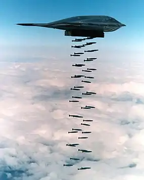 Prise de vue en vol d'un B-2 larguant une longue série de bombes.