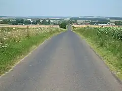 Strée, chaussée Brunehault. Près de l’horizon et dans l’axe, la chaussée fait la lisière du bois.