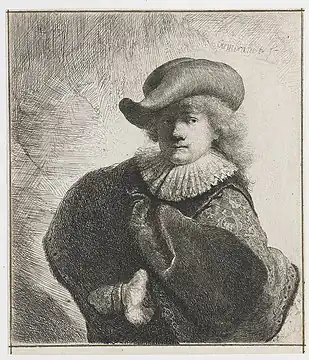 Rembrandt au chapeau rond et au manteau brodé(1631, Rijksmuseum Amsterdam).