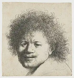 Gravure en noir et blanc. Le visage semble disproportionné, très bouffi, avec des cheveux bouclés en bataille. Le sujet a un regard triste.