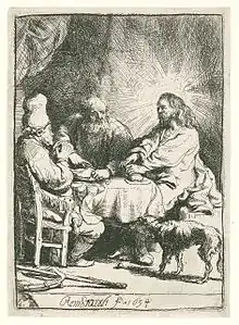 Gravure en noir et blanc. Trois hommes sont attablés tandis qu'un chien les regarde. La tête de l'homme a droite est entourée d'un halo de lumière.