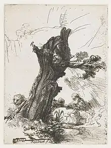 Gravure en noir et blanc. Sous un arbre épais mais dont il ne reste que le tronc, un vieil homme écrit à une table, à droite de l'arbre. De l'autre côté, une tête de lion sort de derrière l'arbre.