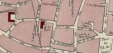 Les rues du K rouge, des Anges, de la Clef, des Chapelains et de la Salle sur la vue de 1844.