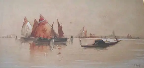 Barche nella laguna veneziana (Bateaux dans la lagune vénitienne), aquarelle, 29 x 59 collection privée.