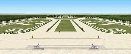 Restitution de la vue sur le parterre simplifié de Bercy, vers 1740.