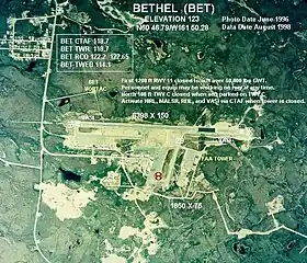 Vue aérienne de l'aéroport de Bethel, avec annotations