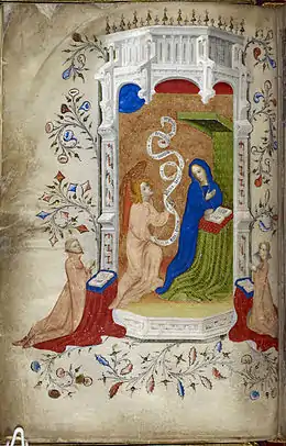 Feuille de parchemin avec une grande miniature représentant la Vierge entourée de personnages dans les marges.