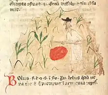 Dessin grossier d'un homme avec des bras et des jambes grêles, portant une tunique blanche et un chapeau noir, équipé d'une houe, dans un champ ; à ses pieds, un tas d'une matière rouge, sous la forme d'une tache ovale.