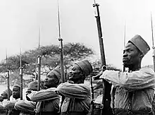 Photo d'une rangée de soldats africains présentant les armes