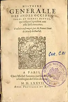 Page de titre du livre Histoire generalle des Indes Occidentales(1577) traduit par Martin Fumée