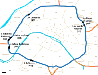 Schéma localisant les 7 tunnels de plus de 300 m (5 dans la partie gauche, 2 à droite)