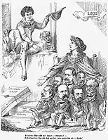 Conseil fédéral suisse 1875, caricature. En haut : Paul Cérésole, Johann Jakob Scherer, Karl Schenk. En bas : Josef Martin Knüsel, Emil Welti, Eugène Borel, Wilhelm Matthias Naeff