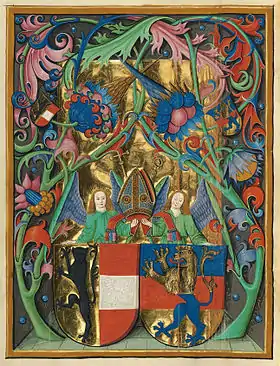 Armoiries de l'archidiocèse de Salzbourg et de l'évêque Johann Beckenschlager.Missel de Salzbourg, t. I (1478-1489). Bibliothèque d'État de Bavière, Munich, Clm 15708, fol. 2v.