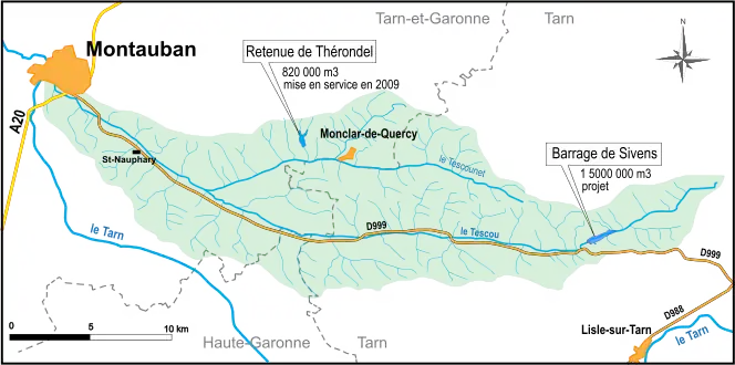 Bassin-versant du Tescou, avec situation de la retenue de Thérondel et du projet de barrage de Sivens.