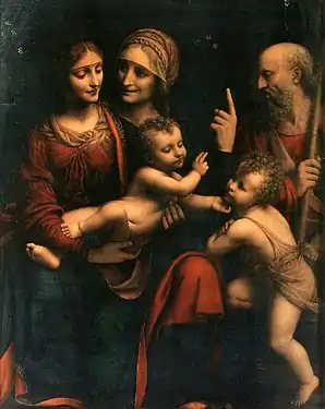 Tableau reprenant le dessin du carton, représentant une femme assise sur les genoux d'une autre qui tient dans ses bras un bébé qui se tourne vers un enfant debout, appuyé sur le genou de la première.Derrière lui, un homme barbu.