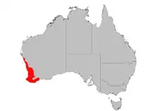 Carte de l'Australie avec une aire rouge dans le coin sud-ouest.