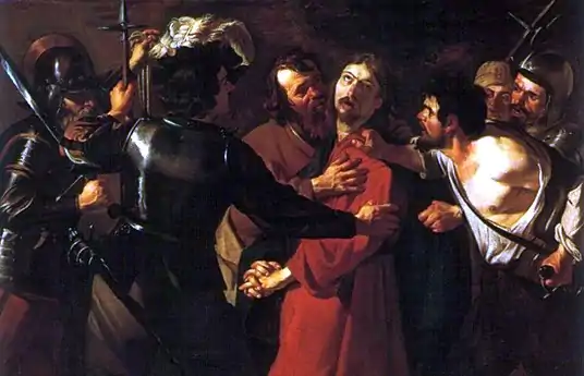 Tableau. Le Christ est arrêté par des soldats et embrassé par Judas.