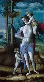 Ève tient dans ses bras et en hauteur Abel (symbole du spirituel), Caïn s'accroche à sa tunique (matériel)