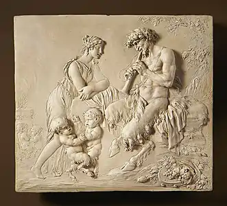 Satyre jouant de la flûte devant une nymphe qui l’écoute et deux satyres enfants dansant, 1773, terre cuite, Los Angeles, musée d'Art du comté de Los Angeles.