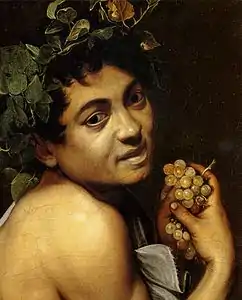 Peinture d'un jeune garçon en tenue de Bacchus, tenant à la main des raisins partiellement pourris.