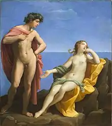 Peinture représentant deux jeunes gens nus se tenant sur des rochers au bord de la mer.