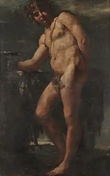 peinture en pied d'un homme nu représentant Bacchus, un verre de vin à la main.